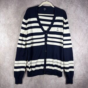Faconnable Cardigan Women XL Navy Striped‎ Nautical Cotton Cashmere Anchor $225